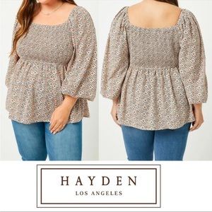Hayden Puff Sleeve Smocked Peplum Top Brown Orange Plus Size 2XL.